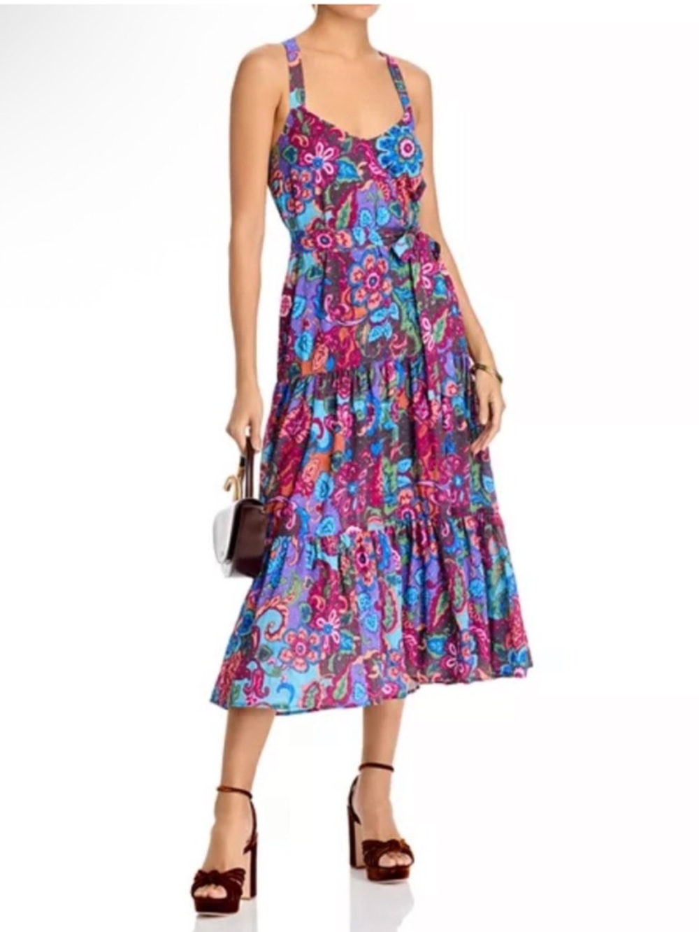 Aqua Floral Tiered Belted Midi Dress in Fuchsia and Blue